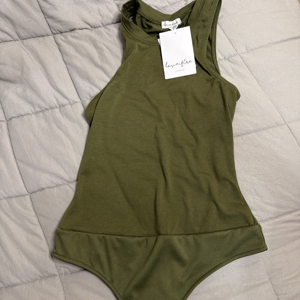 NEW Love Fire High Neck Sleeveless Thong Olive Green Winter Moss Color Bodysuit